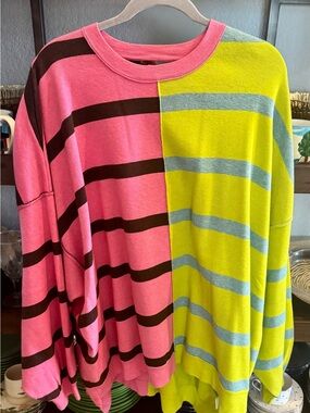 Free People Uptown Pullover Pink & Yellow Colorblock Stripe Crew Sweater